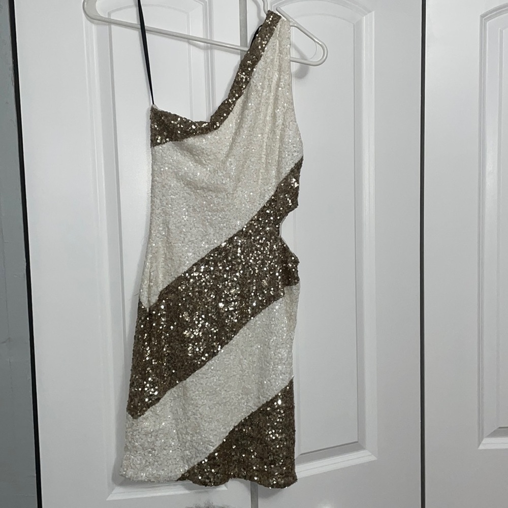White and gold sequin mini dress